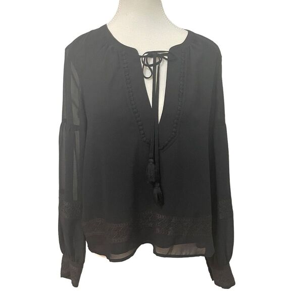 Rebecca‎ Minkoff Black Semi Sheer Lace Minimalist V Neck Tassel Blouse Top Small - Picture 1 of 10
